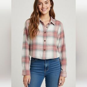 American Eagle Plaid Cropped Button Up Shirt Muted Red Gray Size Medium